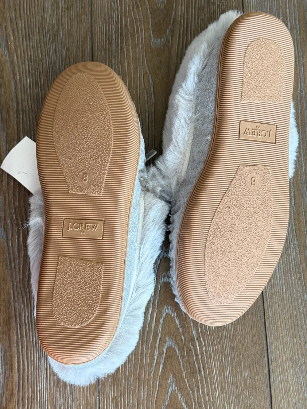J. Crew Gray Faux-Fur Pom Moccasin Slippers with Tan Sole